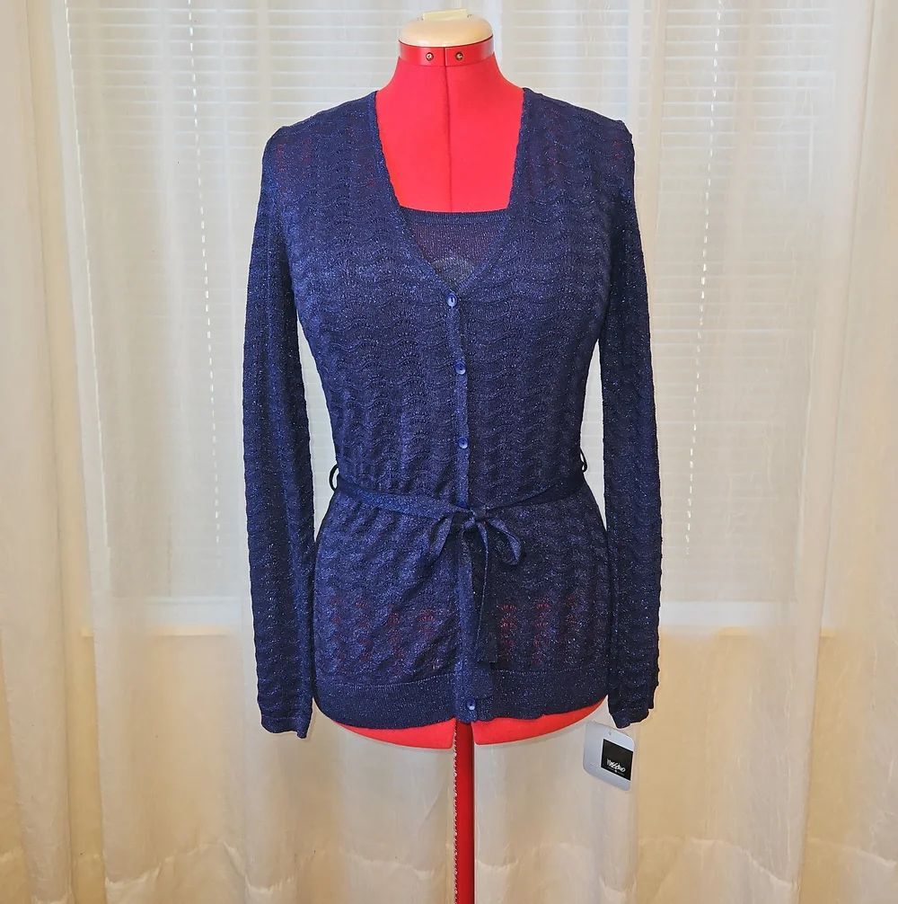 Massimo Night Fall Blue Metallic Tank & Button-Front Cardigan with Waist Tie